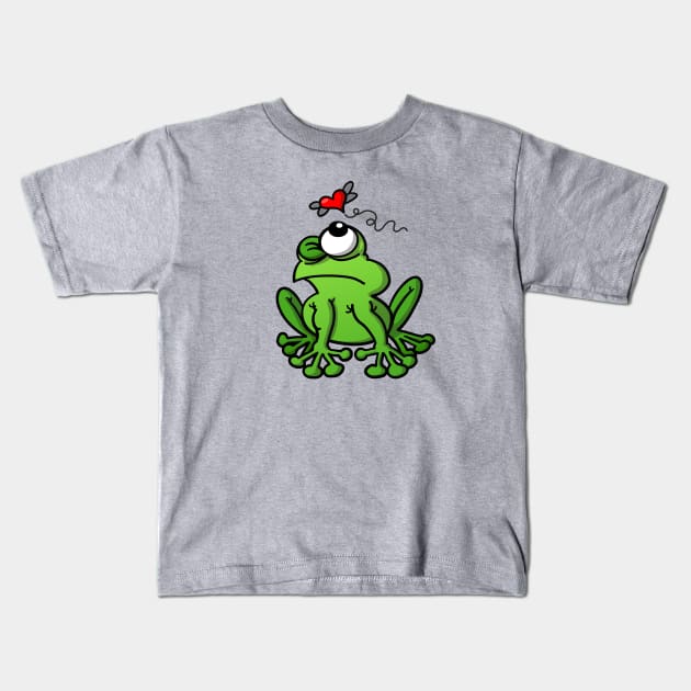 Mischievous green frog chasing the mosquito of love Kids T-Shirt by zooco